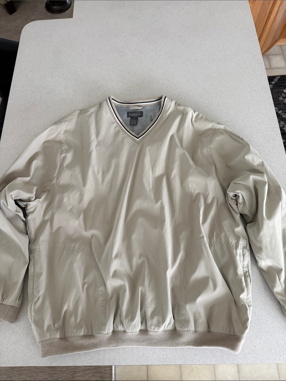 Van Heusen V-Neck Pullover Windbreaker - Beige with Black  Trim